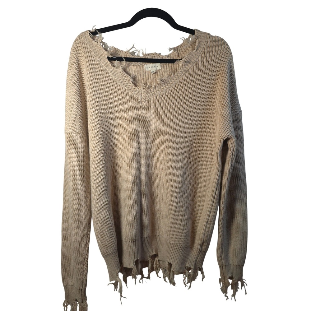 Promesa Cream Distressed Knit Sweater Womens S M V Neck Raw Hem Minimalist Cozy